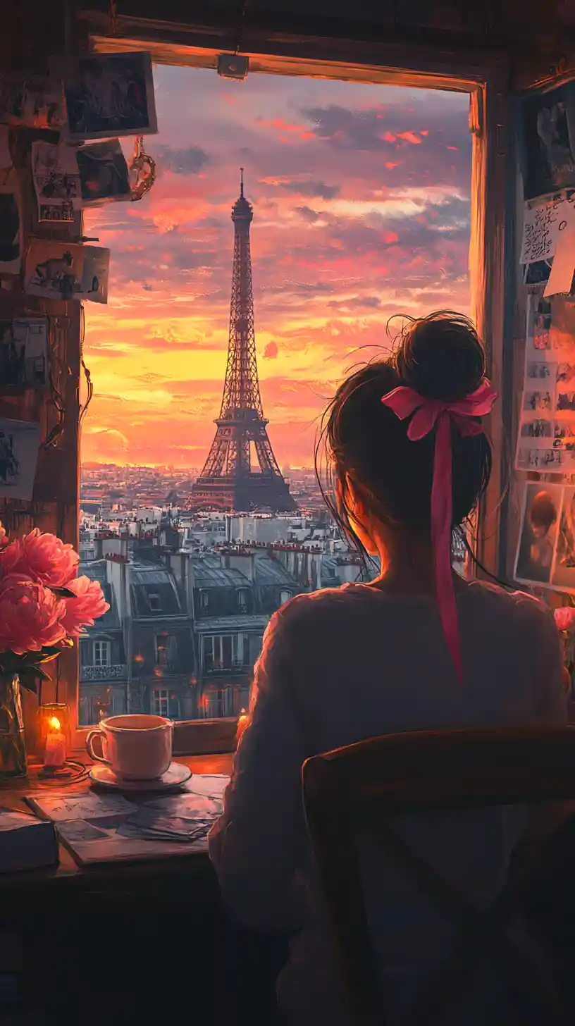 Anime girl at a cozy desk looking toward the Eiffel Tower