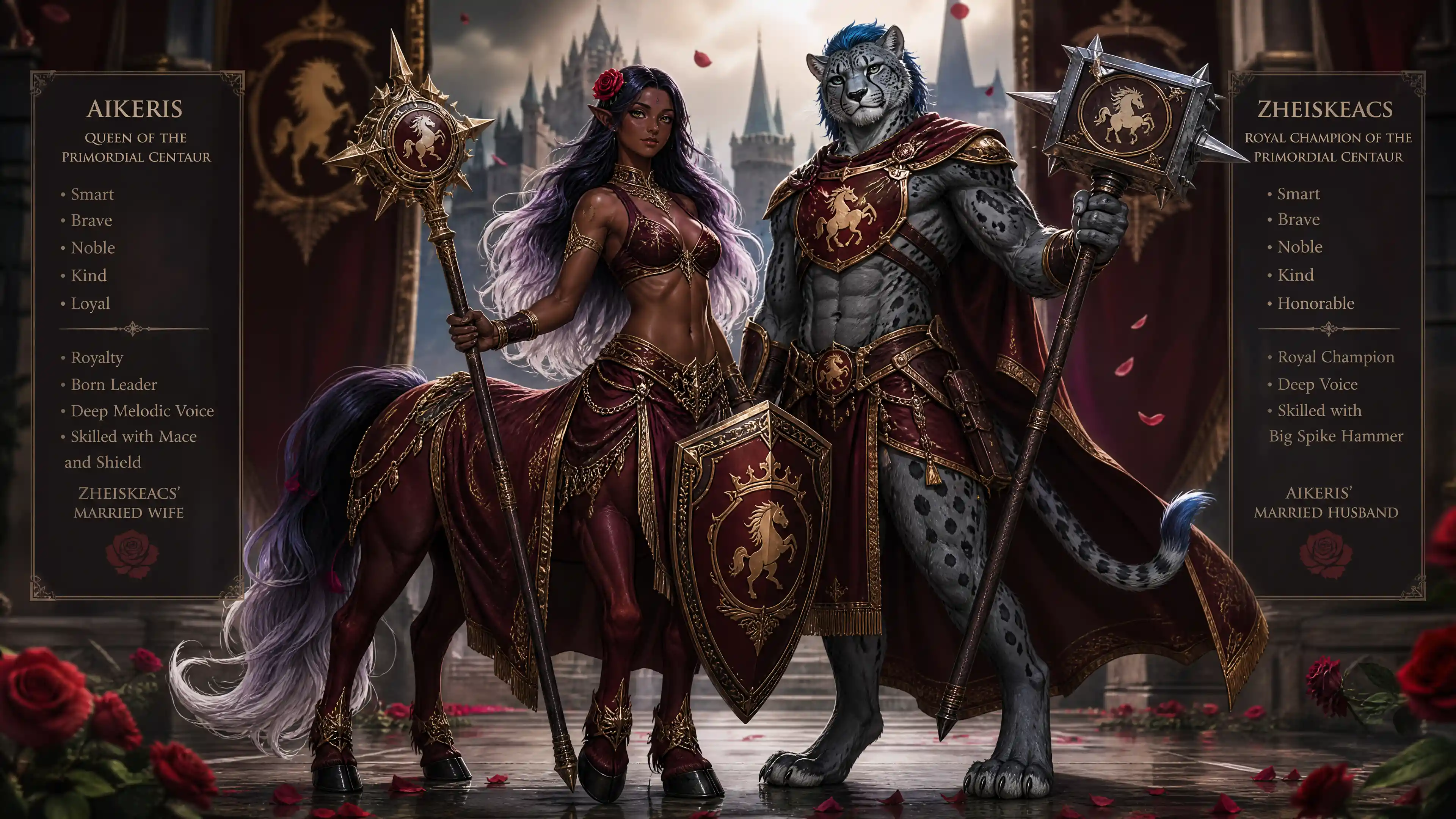 Regal primordial centaur queen with royal mace and shield