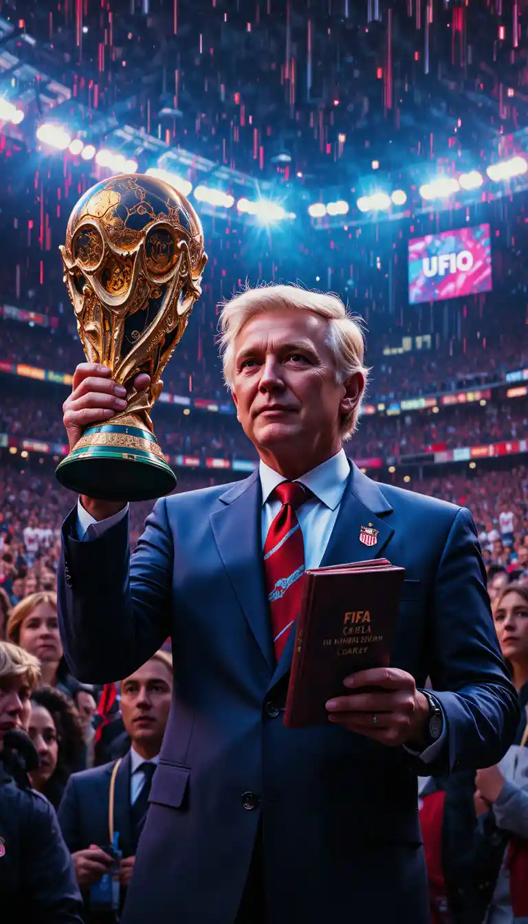 Triumphant man holding world trophy in crowded stadium