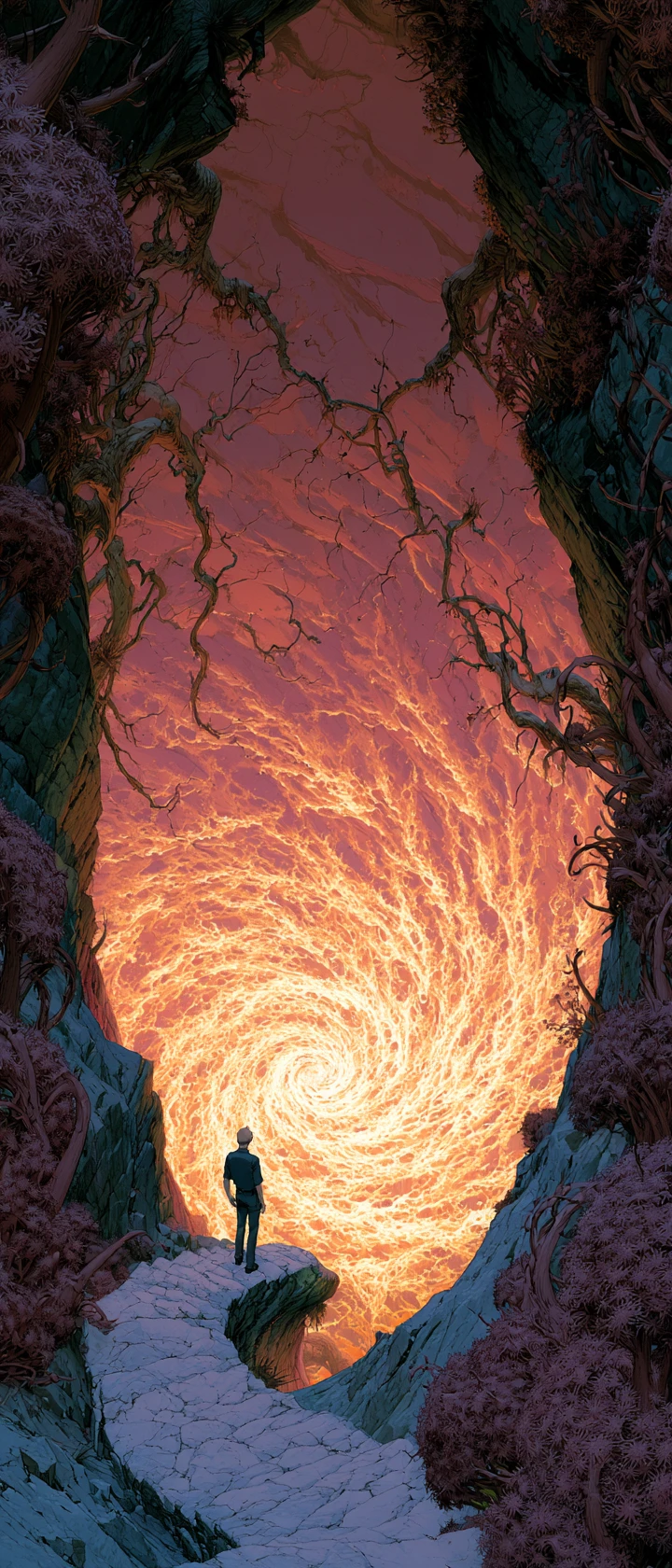 Anime figure on spiraling path above glowing energy vortex