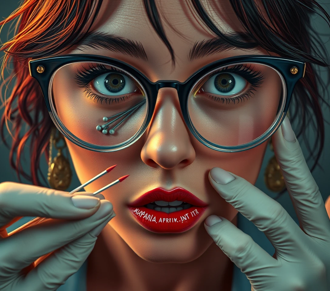 Surreal glamorous woman with glasses in horror comic scene