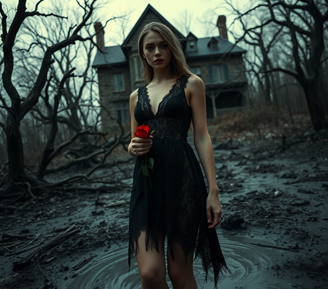 Young woman in tattered black dress in cursed hollow
