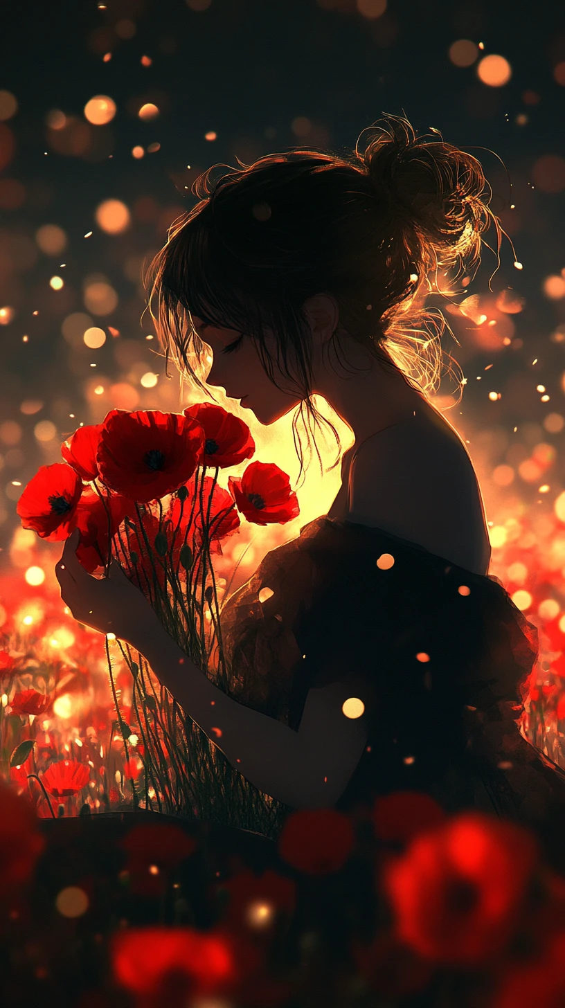 Anime girl holding poppies in a dark night field