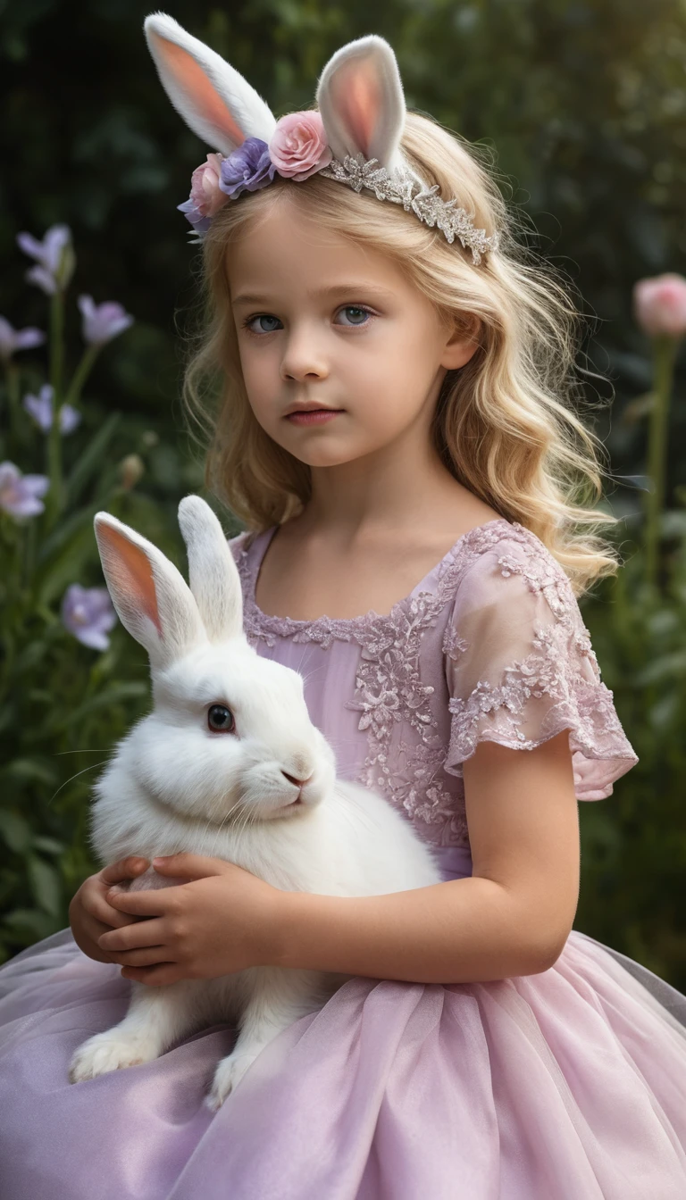 Fairy girl with white rabbits in an enchanted garden