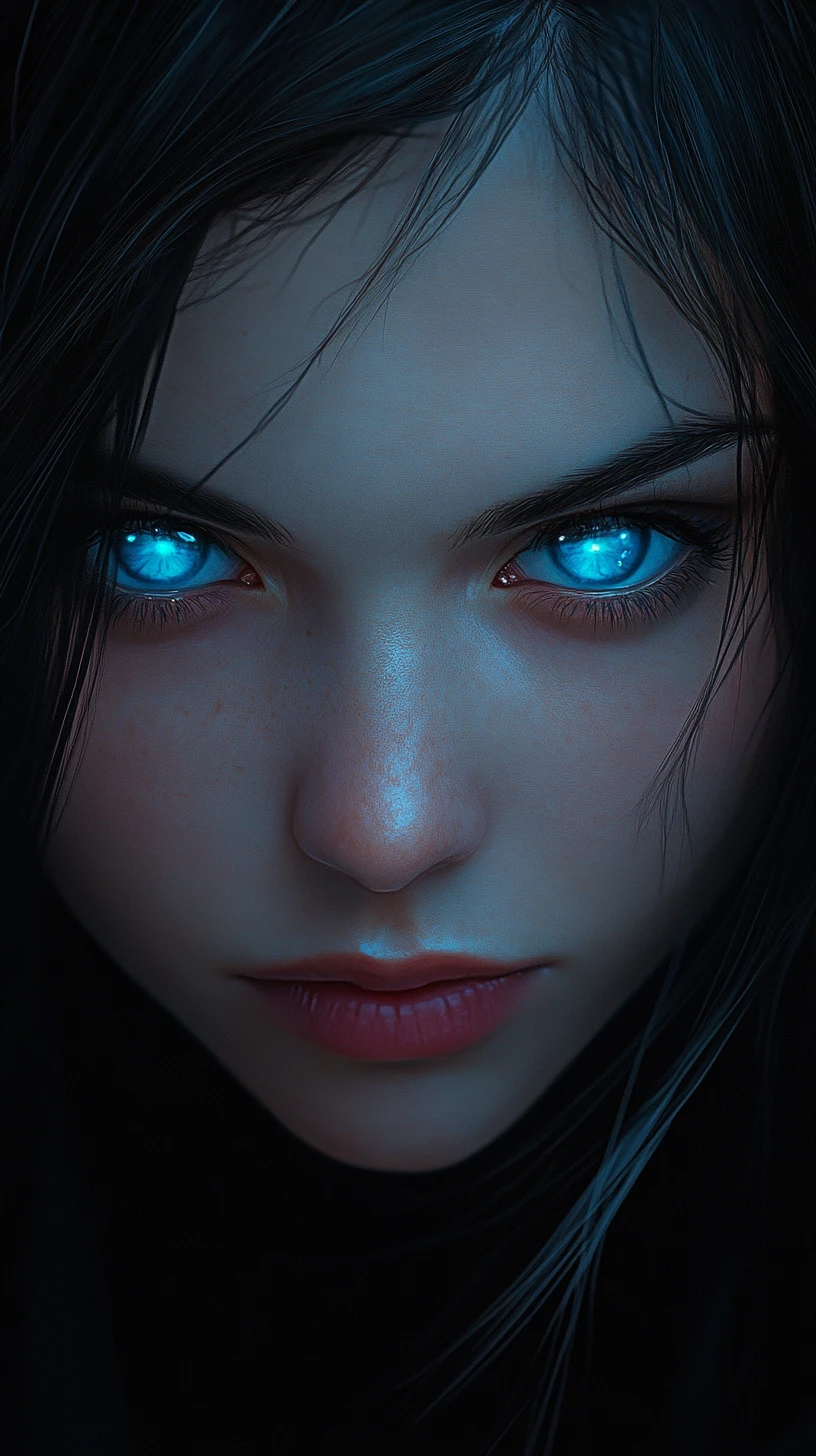 Intense blue eyed anime girl in dark close up portrait