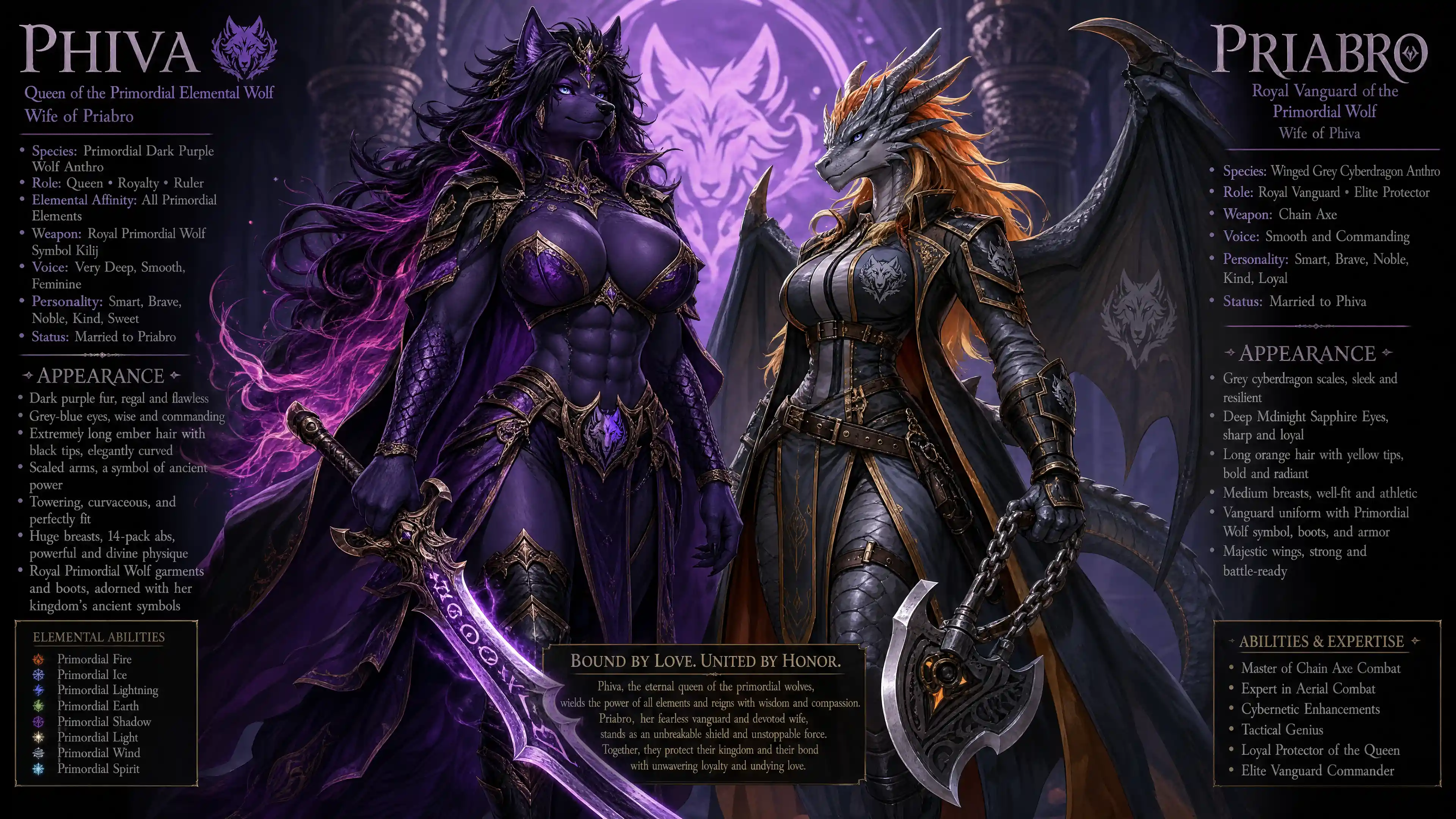 Regal anthro wolf queen with dark purple fur and armor