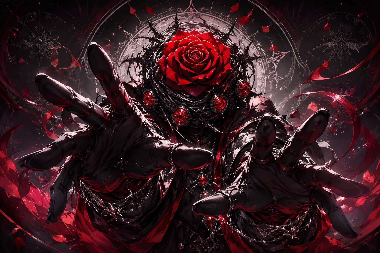 Elegant anime fantasy woman with rose head reaching forward