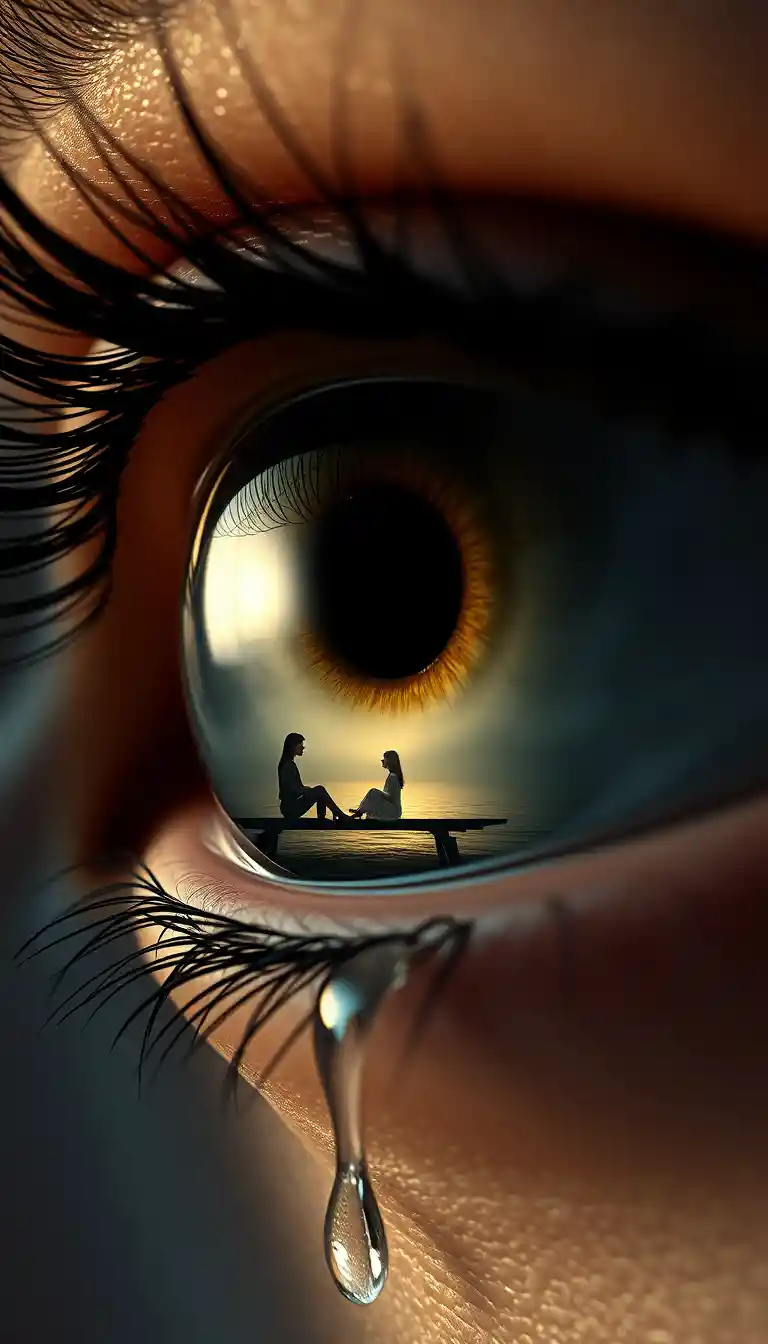 Extreme close up human eye with surreal swing scene