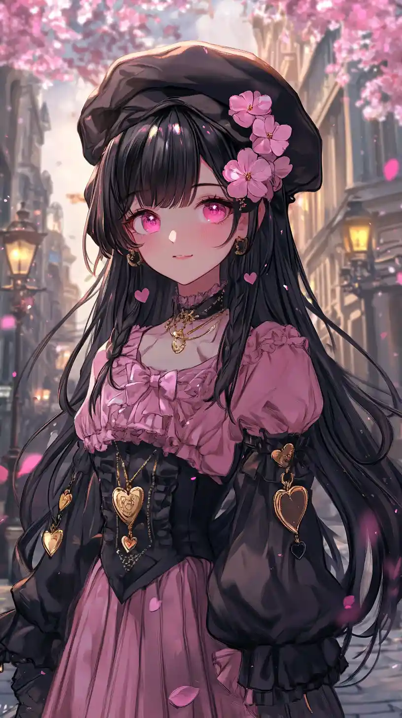Anime girl in gothic outfit under falling cherry blossoms