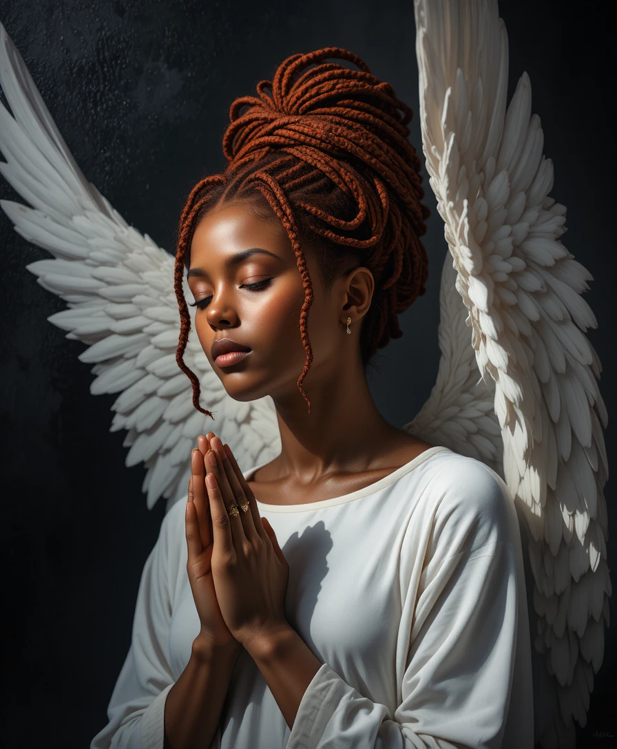 Praying red haired angel woman in dramatic side light