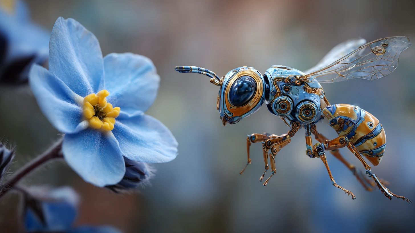 Cybernetic wasp hovering beside a vivid blue flower