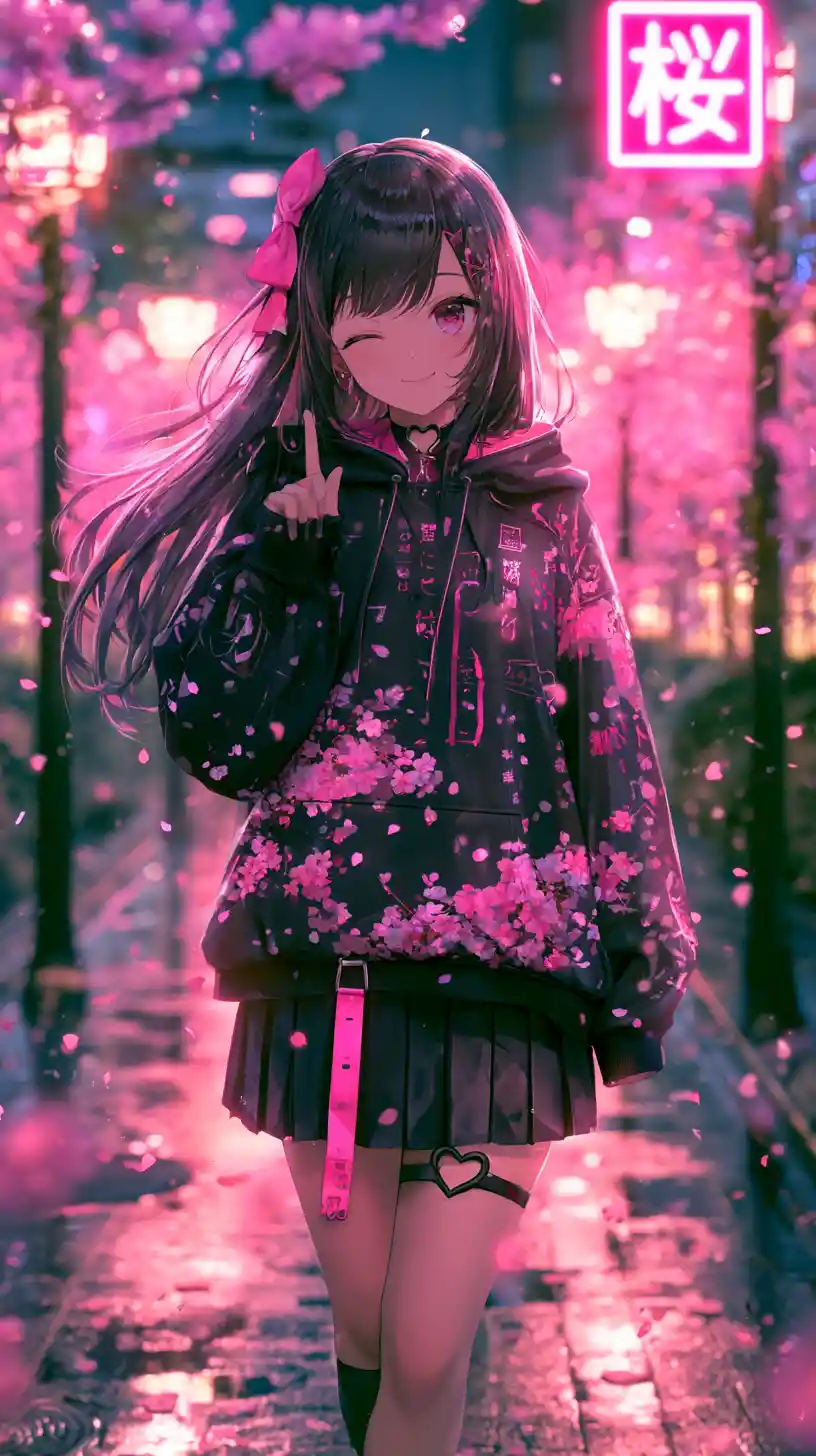 Anime girl in hoodie on rainy neon city street