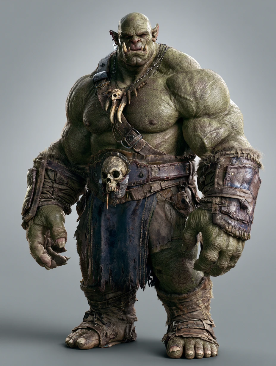 Massively Muscled Orc In Leather Armor With Skull Adornments