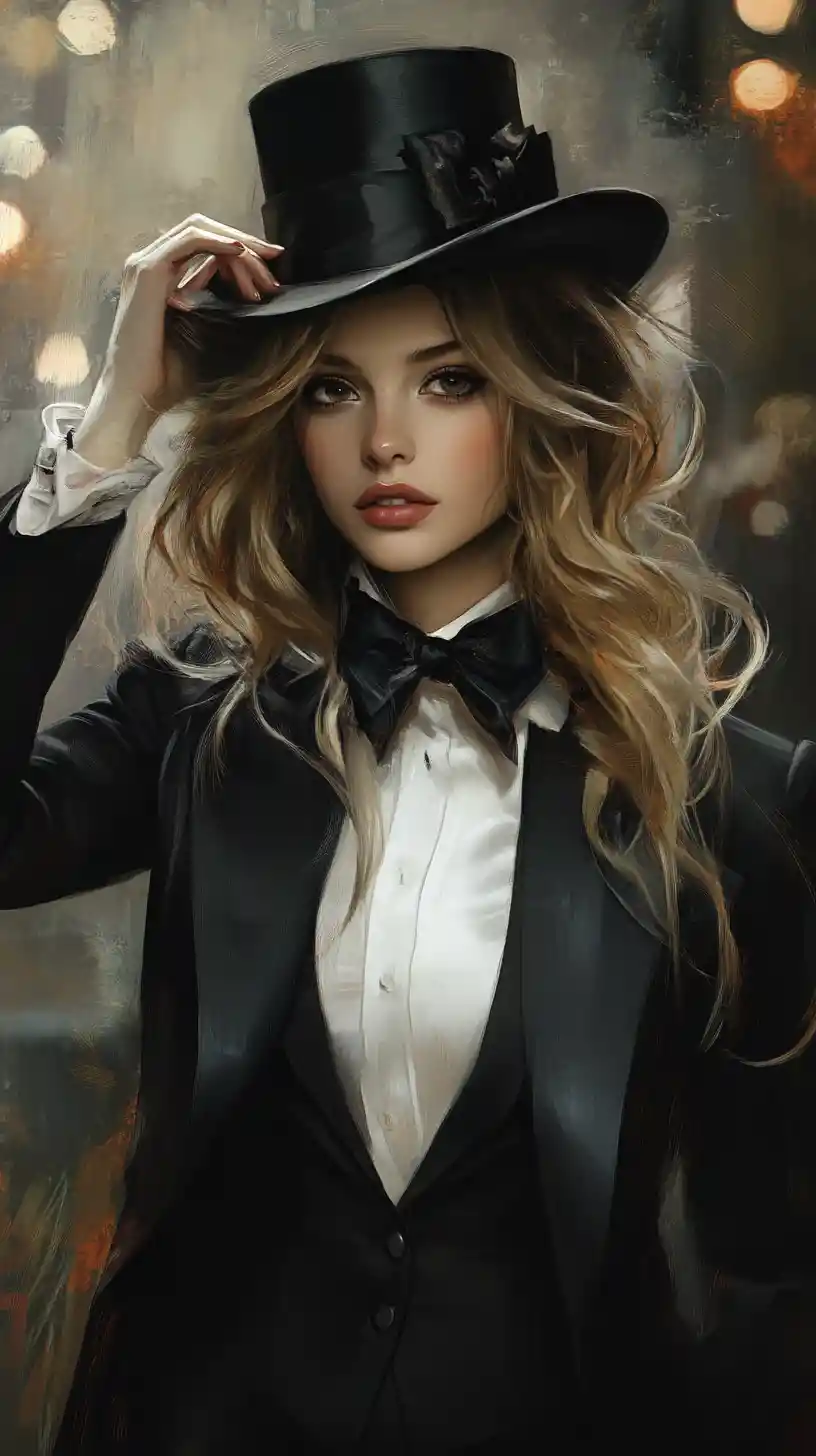 Elegant woman in top hat in moody city portrait