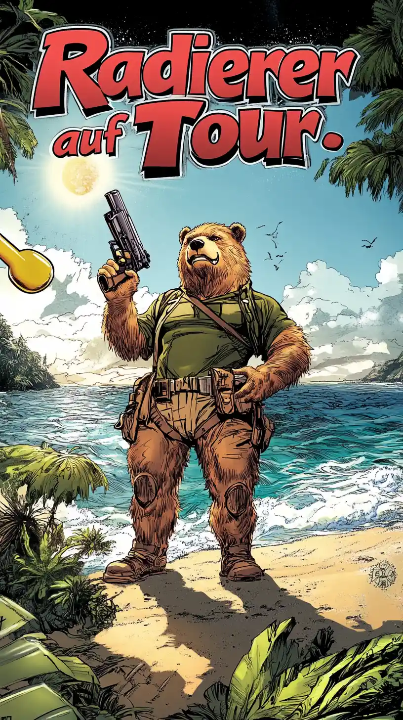 Comic bear on alien beach watching a flying eraser