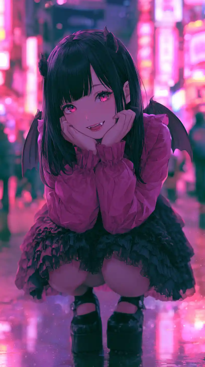 Cute horned anime girl on neon city street at night