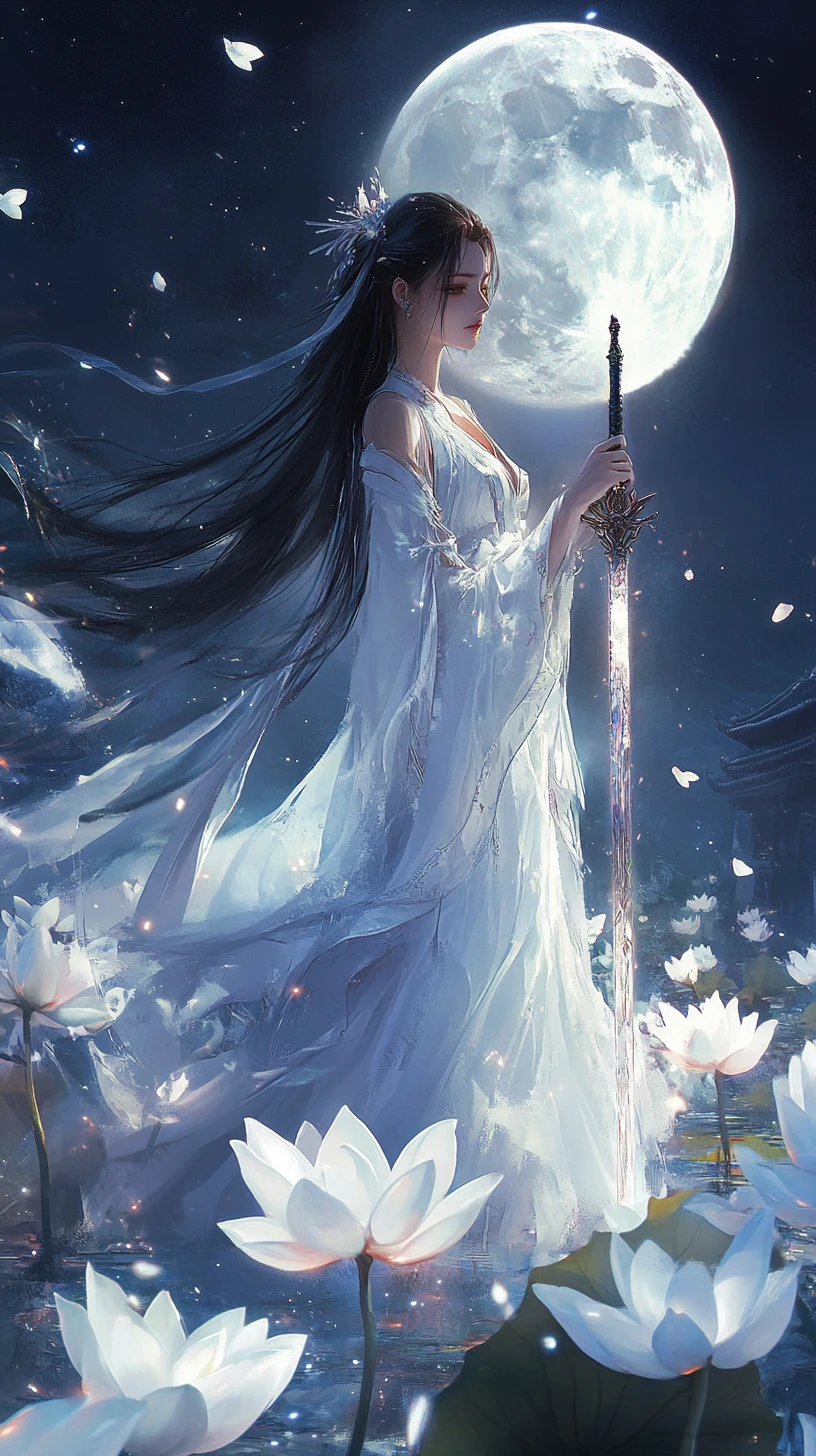 Woman with crystal sword among glowing white lotuses