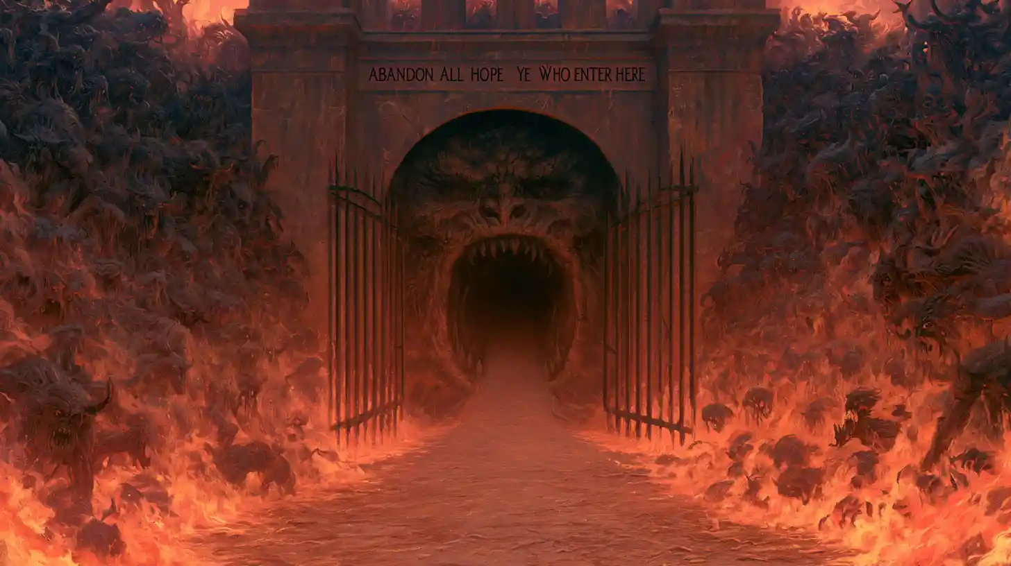 Desolate Path Leading To Fiery Demon Gate Of Hell