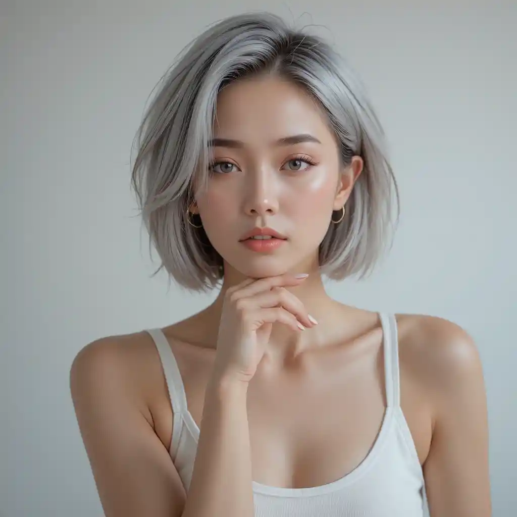 Serene portrait of a young woman with silver bob hair