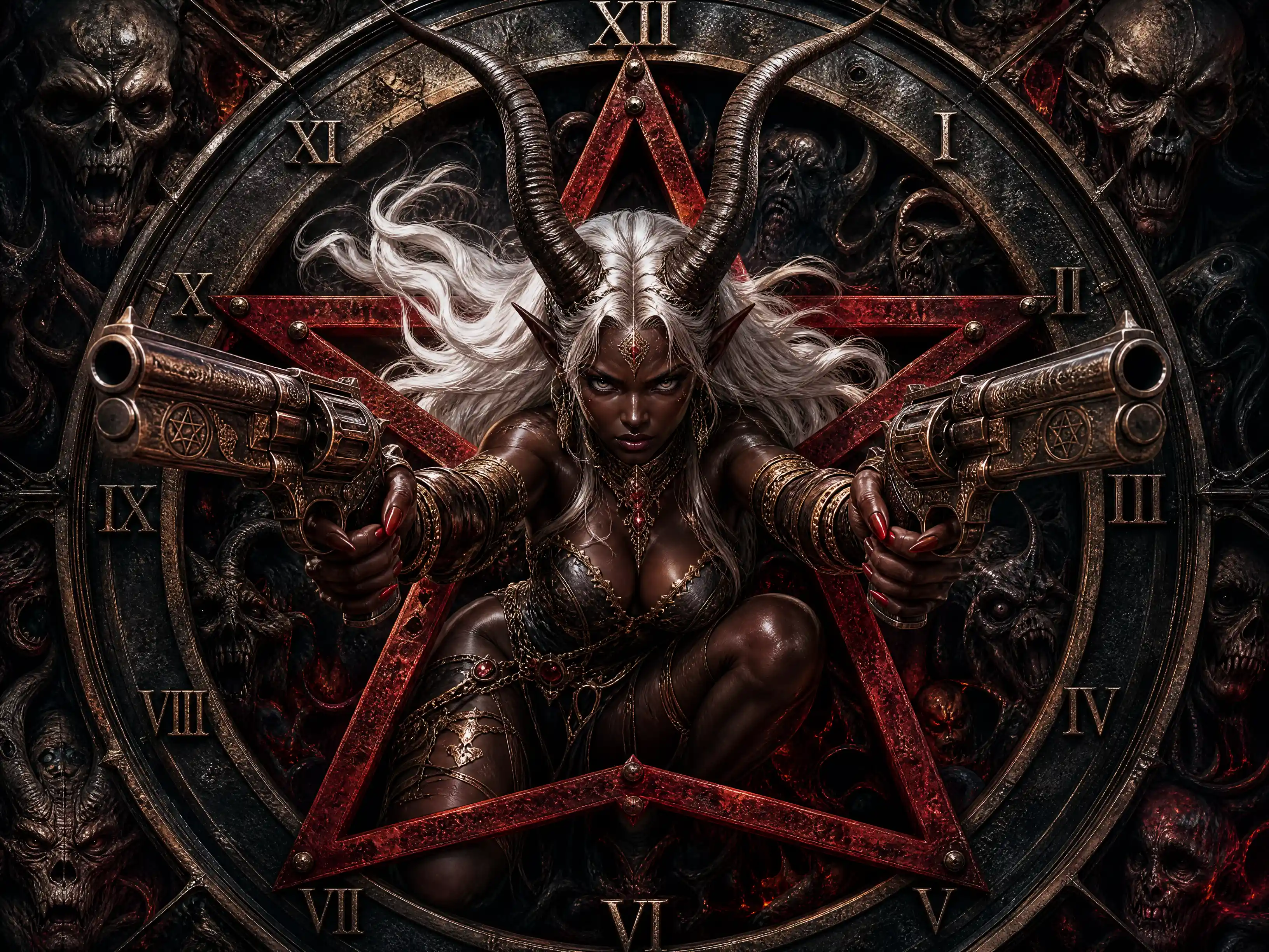 Demonic horned woman within a metallic pentagram clock
