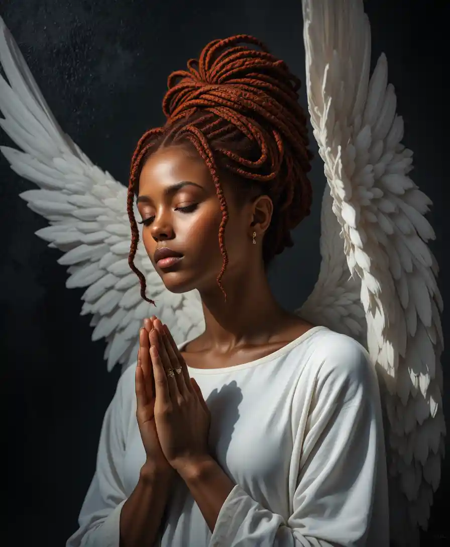 Praying red haired angel woman in dramatic side light