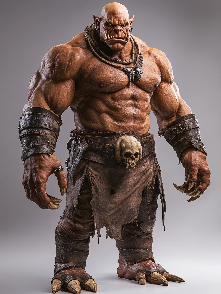Massively Muscled Orc In Leather Tunic With Skull Adornments