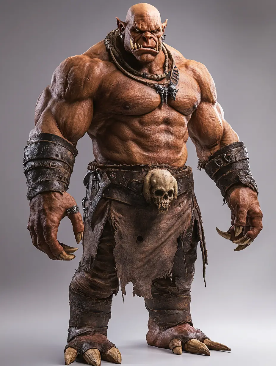 Massively Muscled Orc In Leather Tunic With Skull Adornments