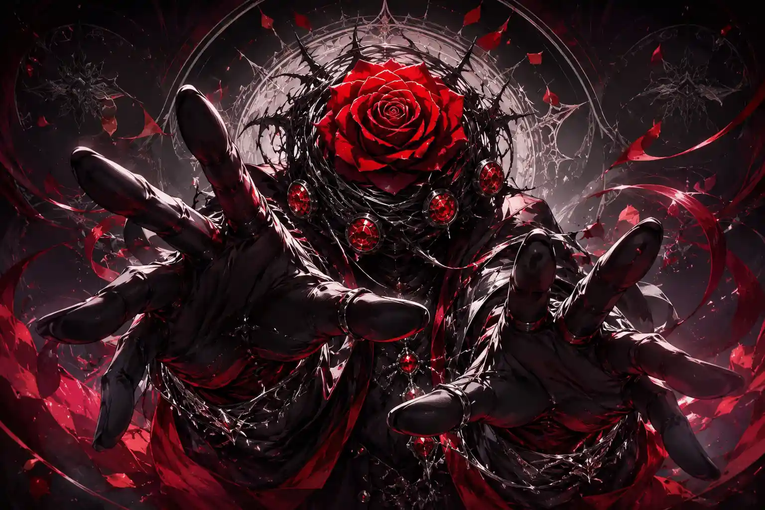 Elegant anime fantasy woman with rose head reaching forward