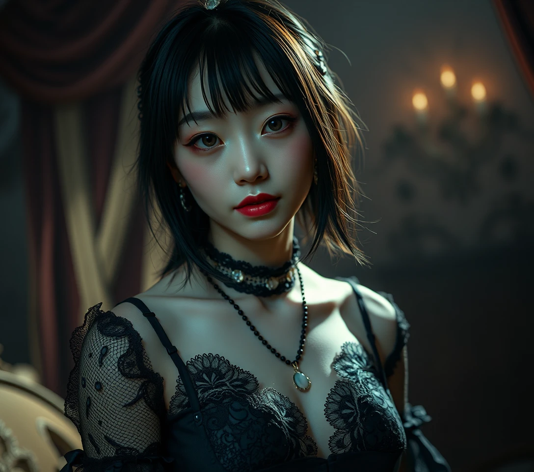Gothic woman in lace boudoir against surreal dim background