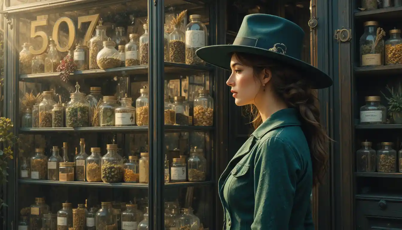 Mysterious woman in green before antique apothecary shop