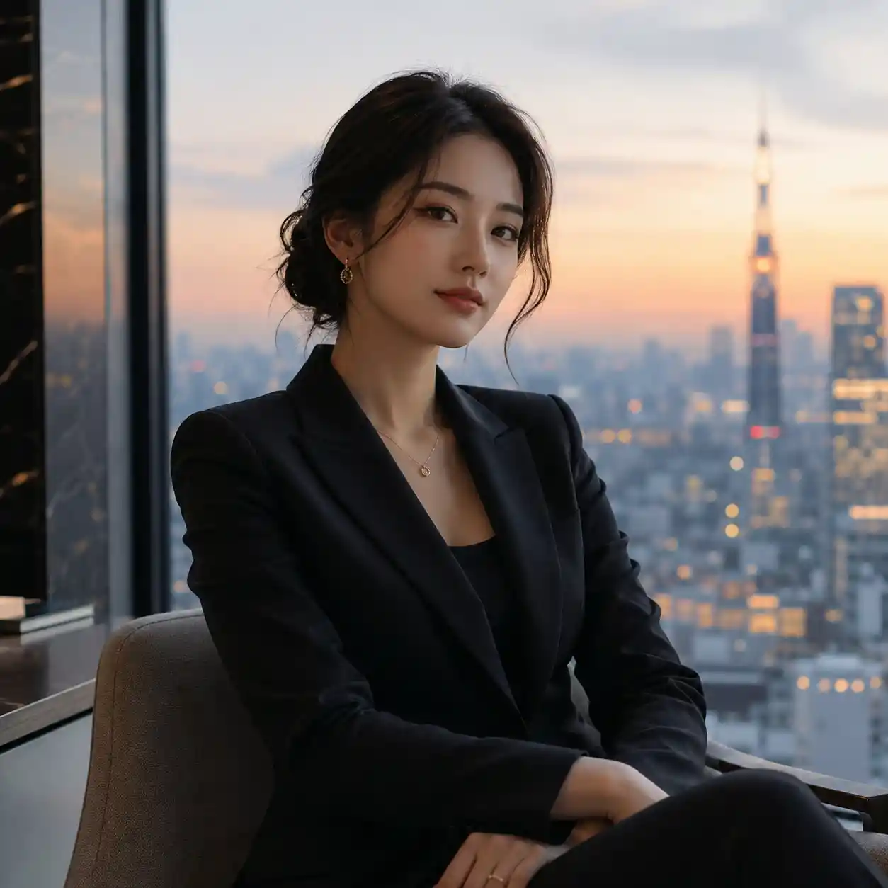 Elegant young woman in black suit by city window