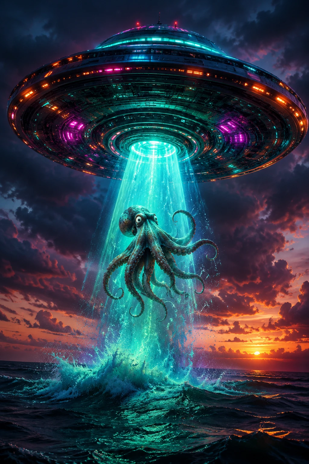 Saucer UFO Beaming A Startled Octopus From Dusk Ocean
