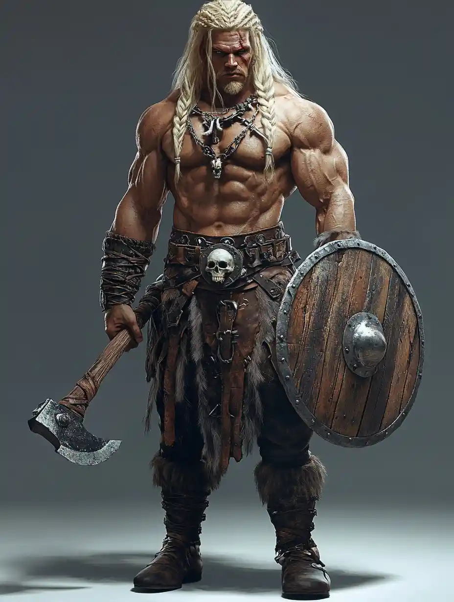 Muscular barbarian warrior holding axe with dramatic backlight