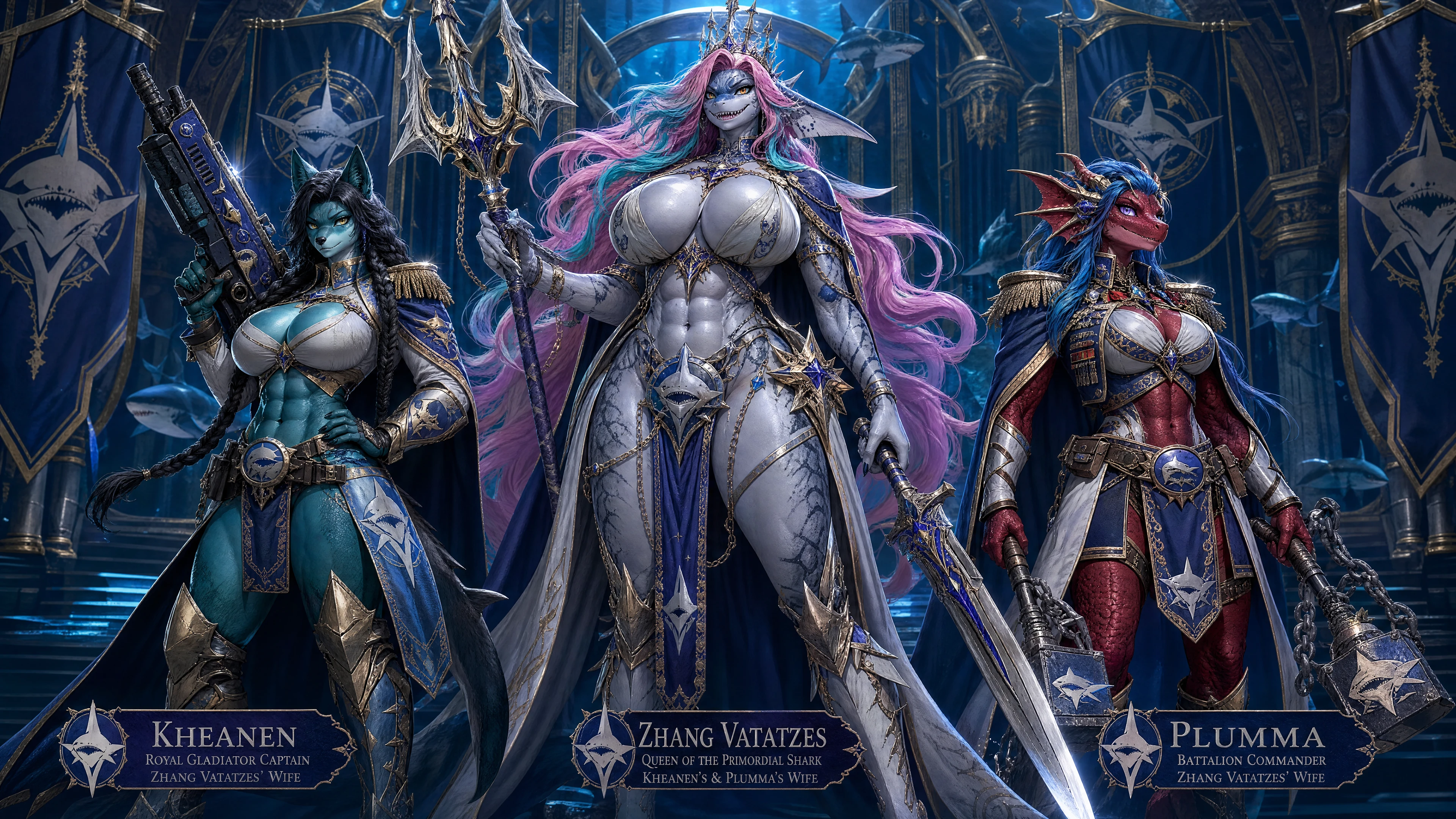 Primordial shark queen warrior with silver megalodon form