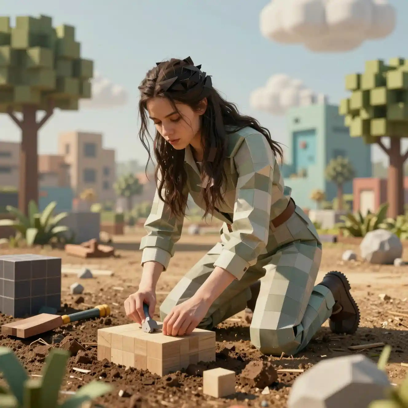 Geometric woman working in a square based surreal world