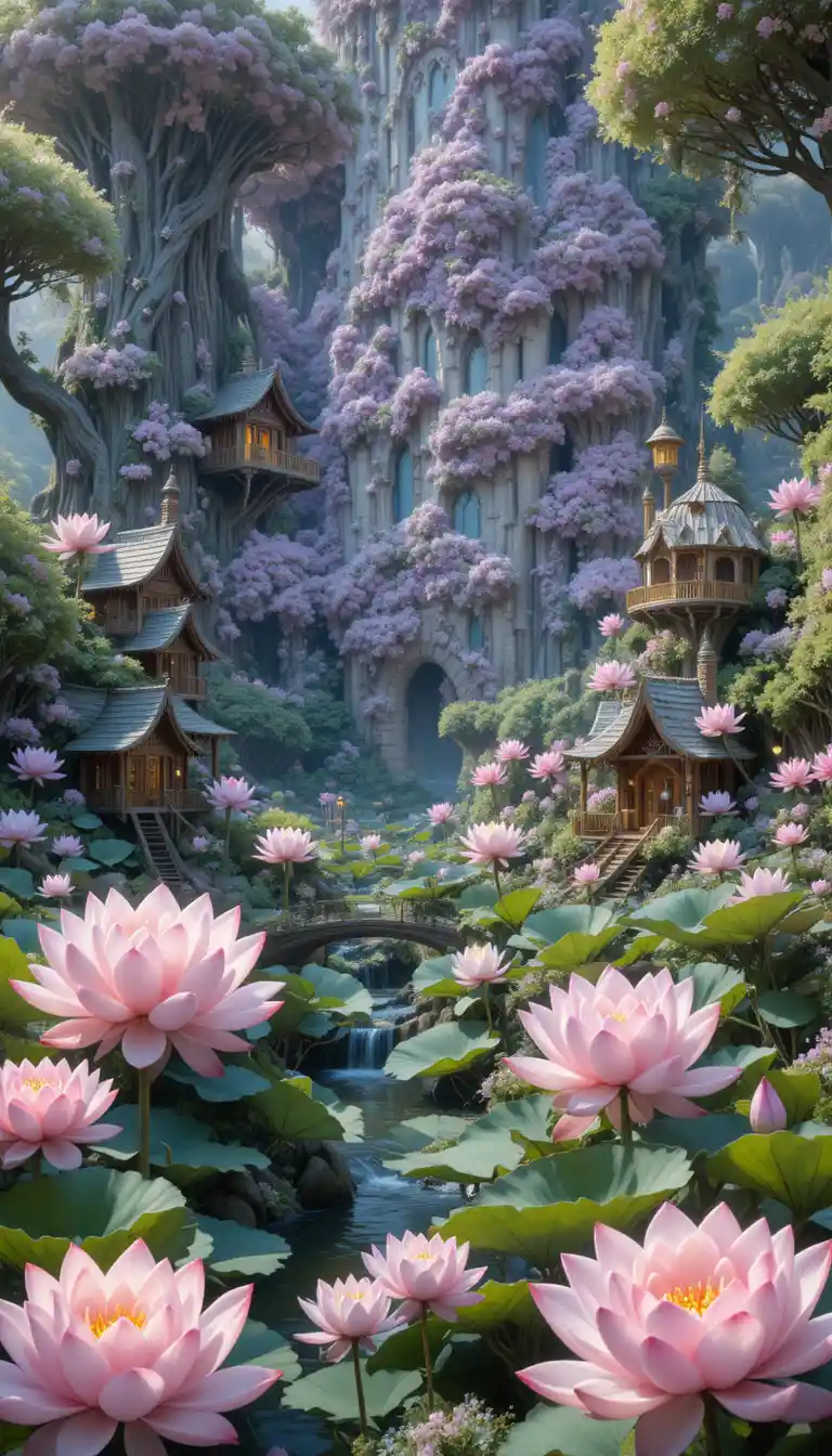 Fantasy lotus village with ponds and towering blossoms