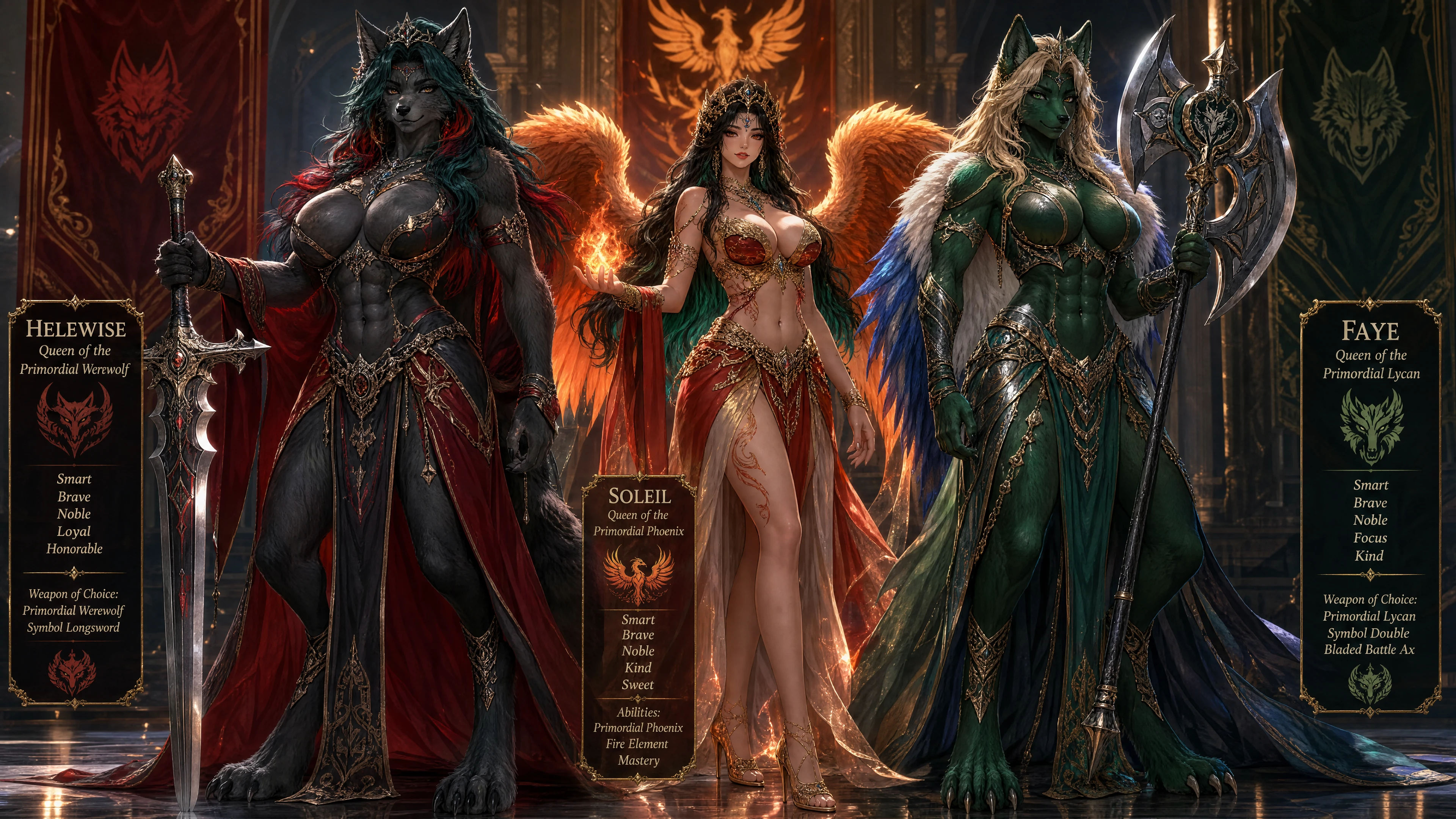 Regal primordial werewolf queen with teal hair and armor