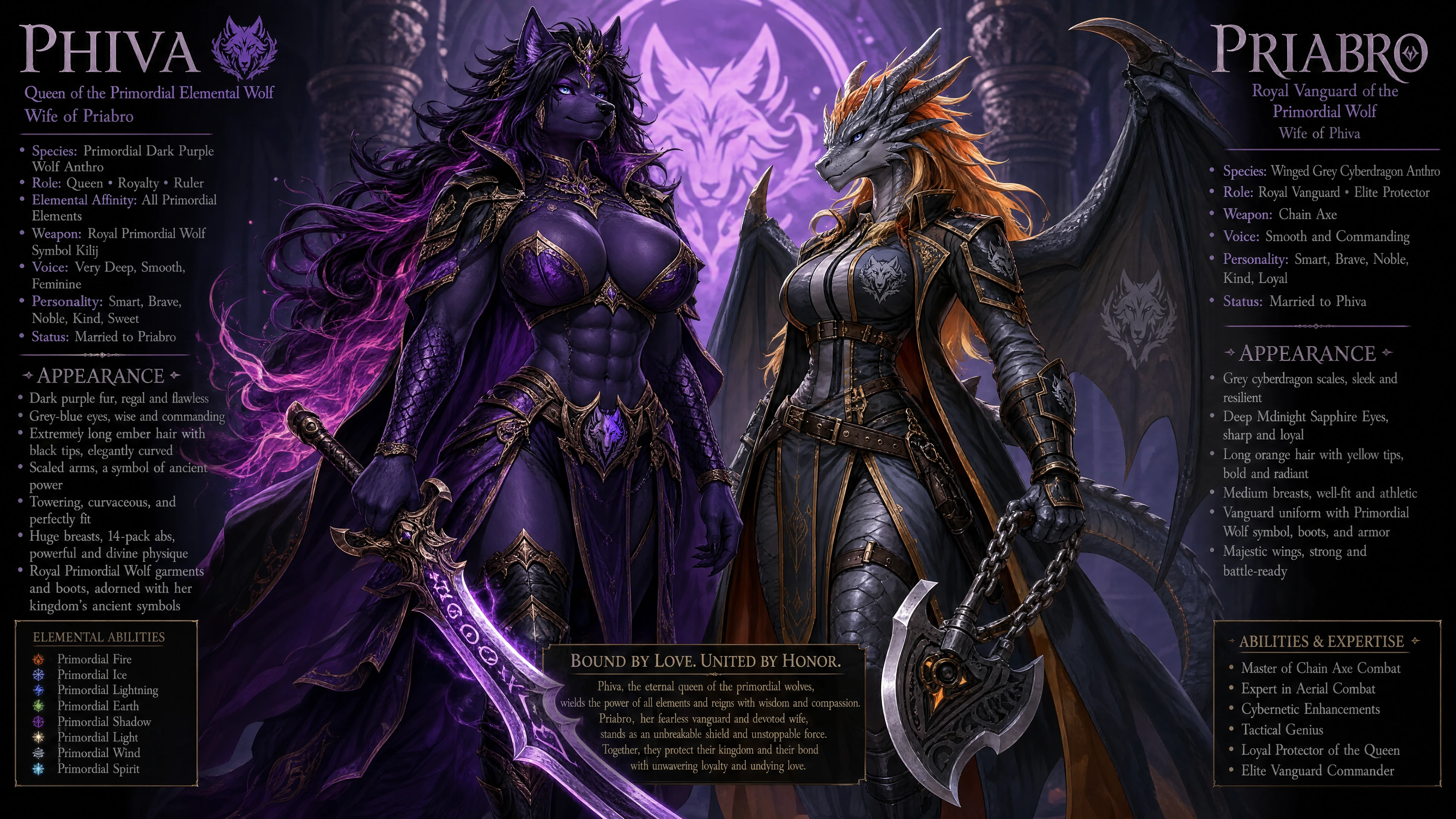 Regal anthro wolf queen with dark purple fur and armor