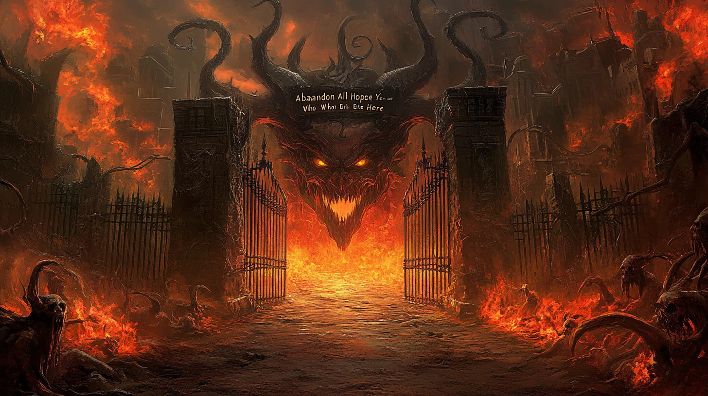Desolate path leading to fiery demonic gates of hell