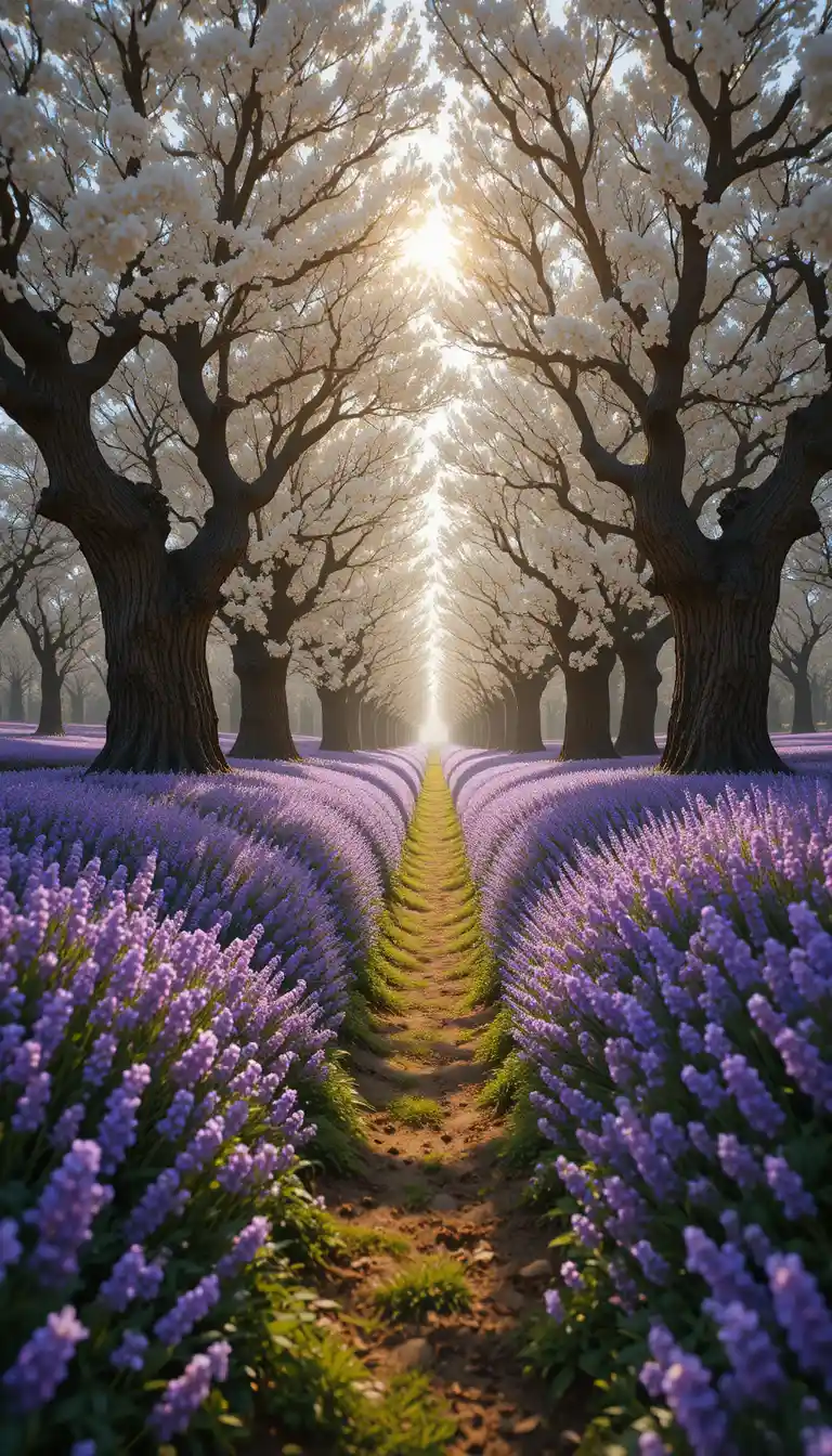 Sunlit flower path through an enchanted spring forest