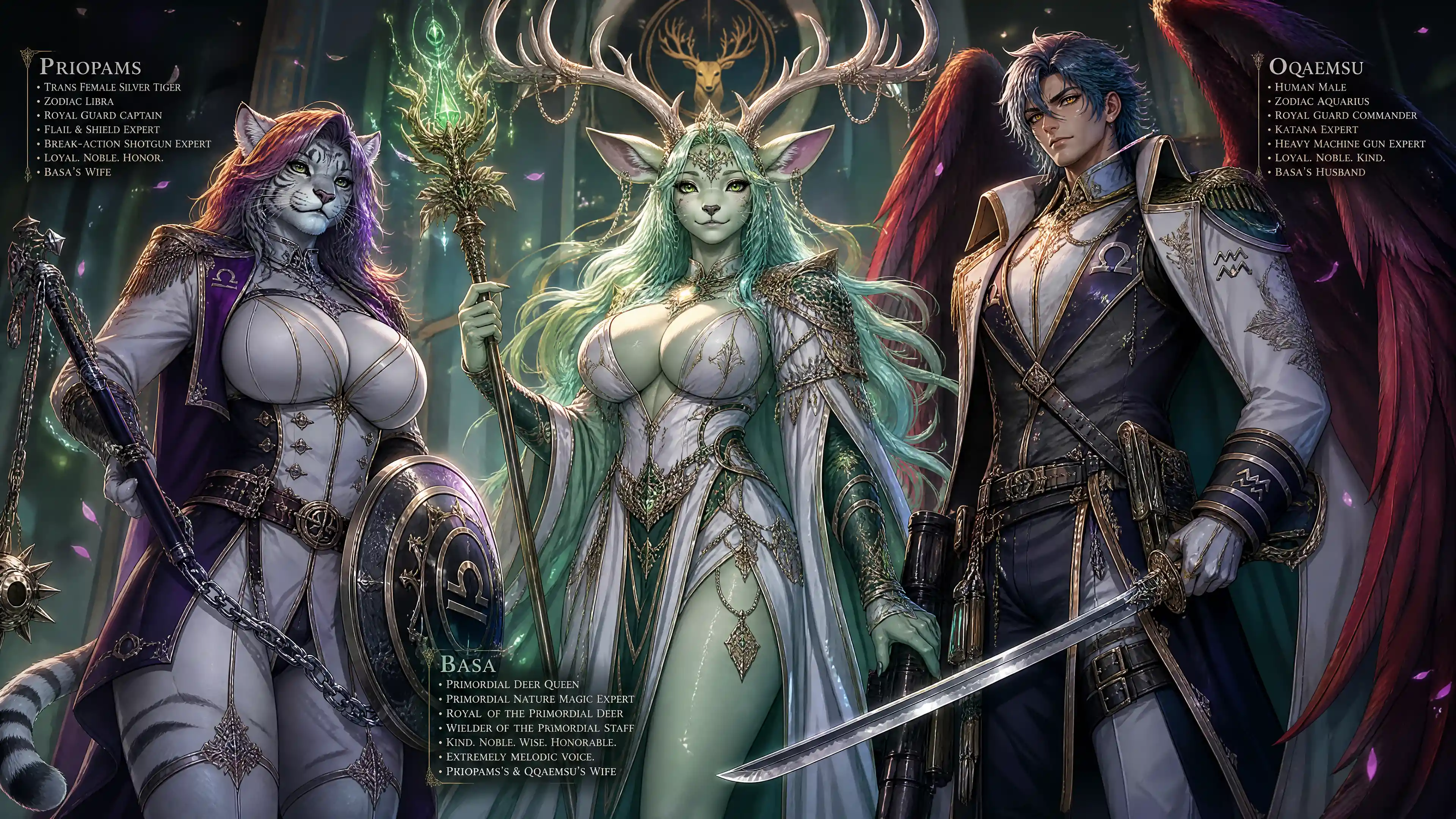Regal primordial deer queen with flowing teal hair
