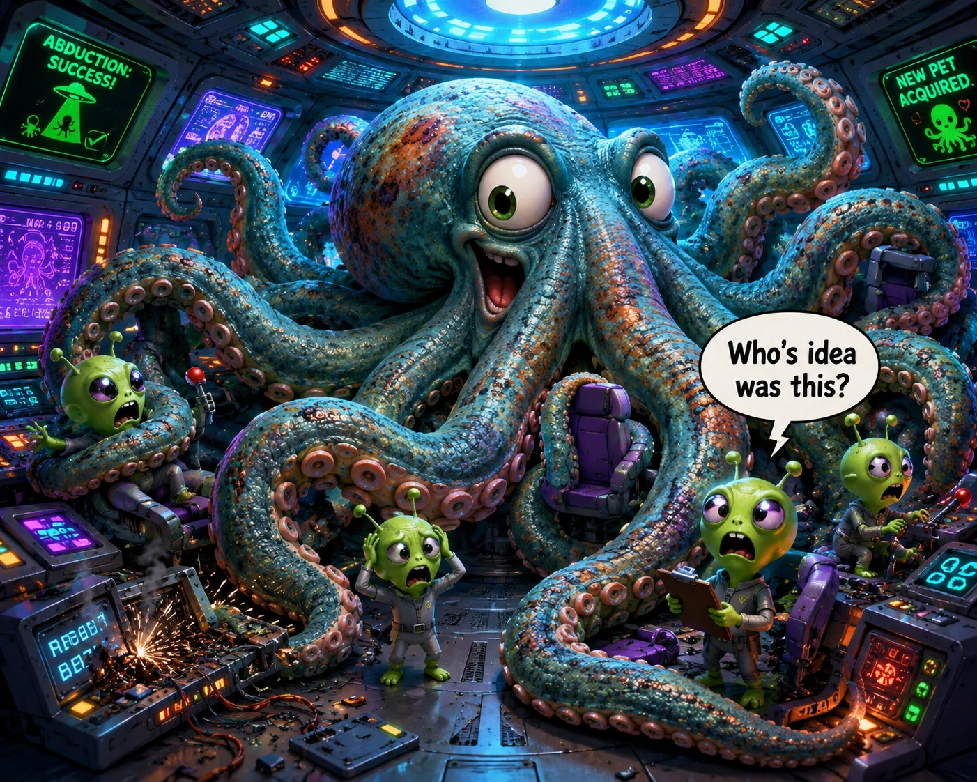 Giant octopus crammed inside colorful alien spaceship control room