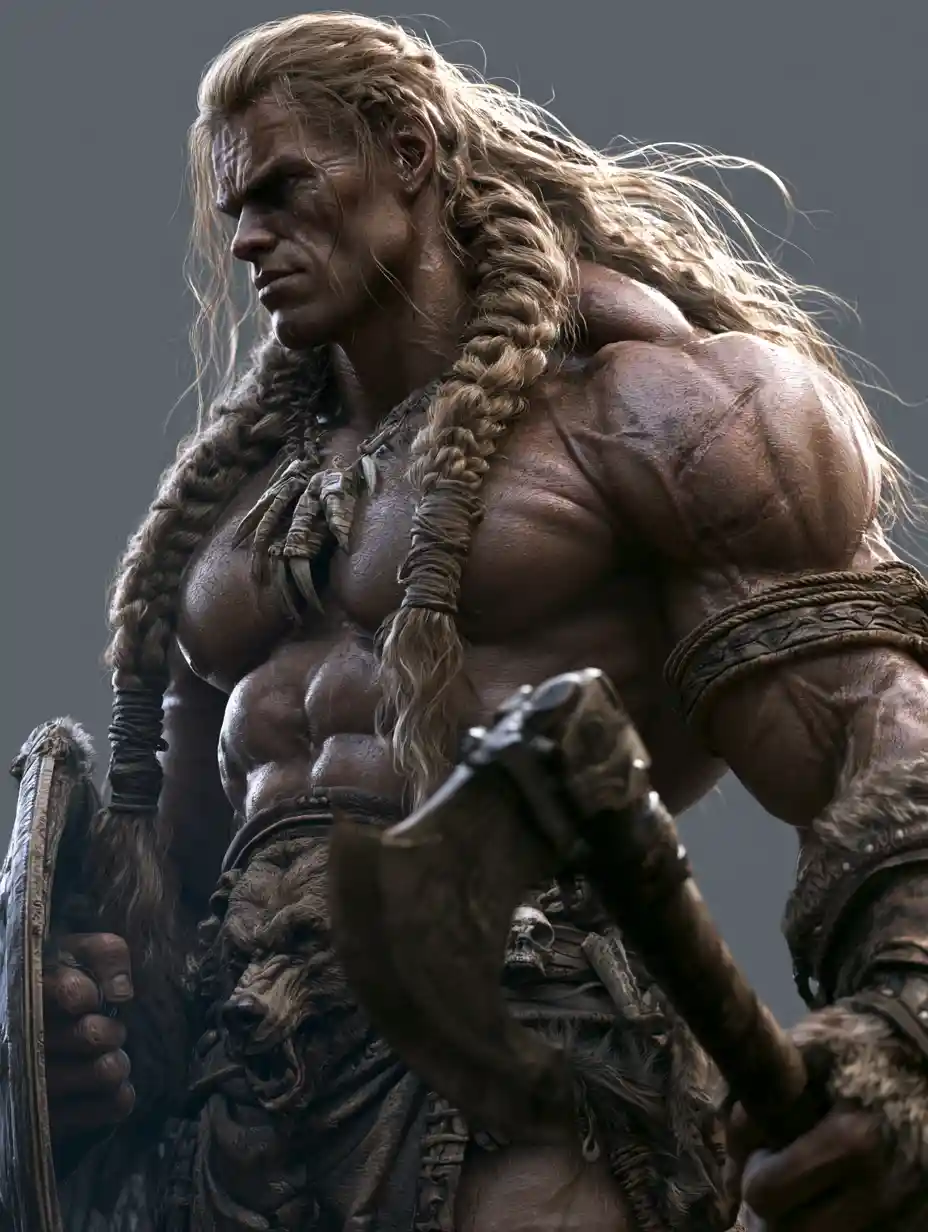 Muscular barbarian warrior with axe in dramatic 3D lighting