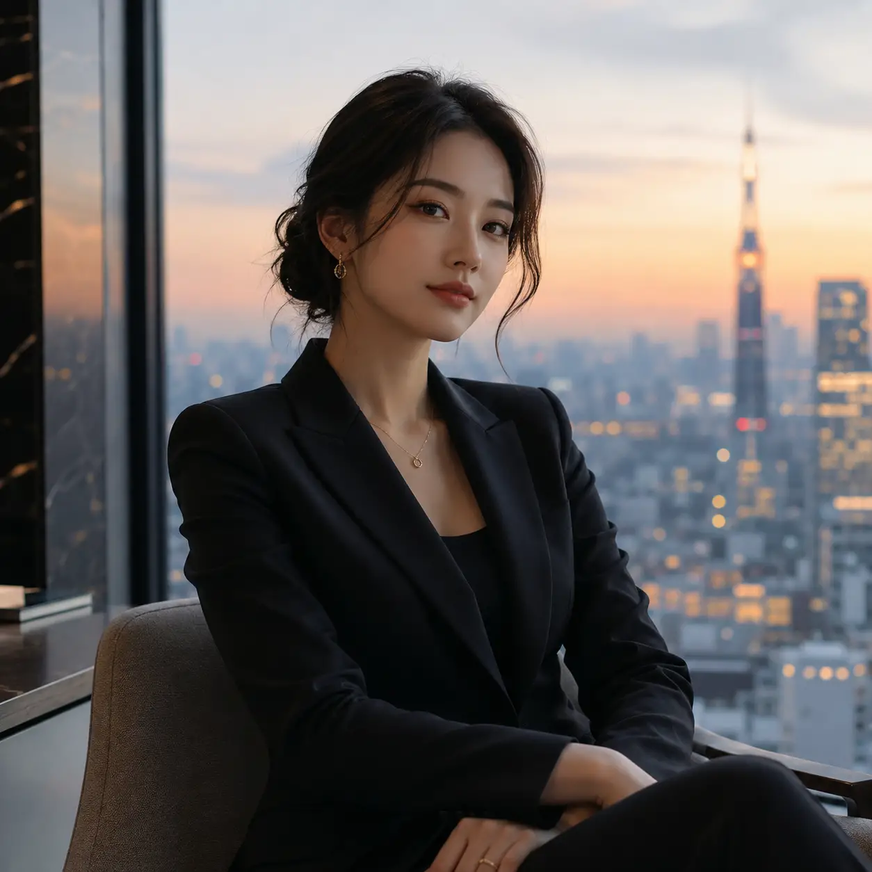 Jovem elegante de terno preto à janela com vista para a cidade