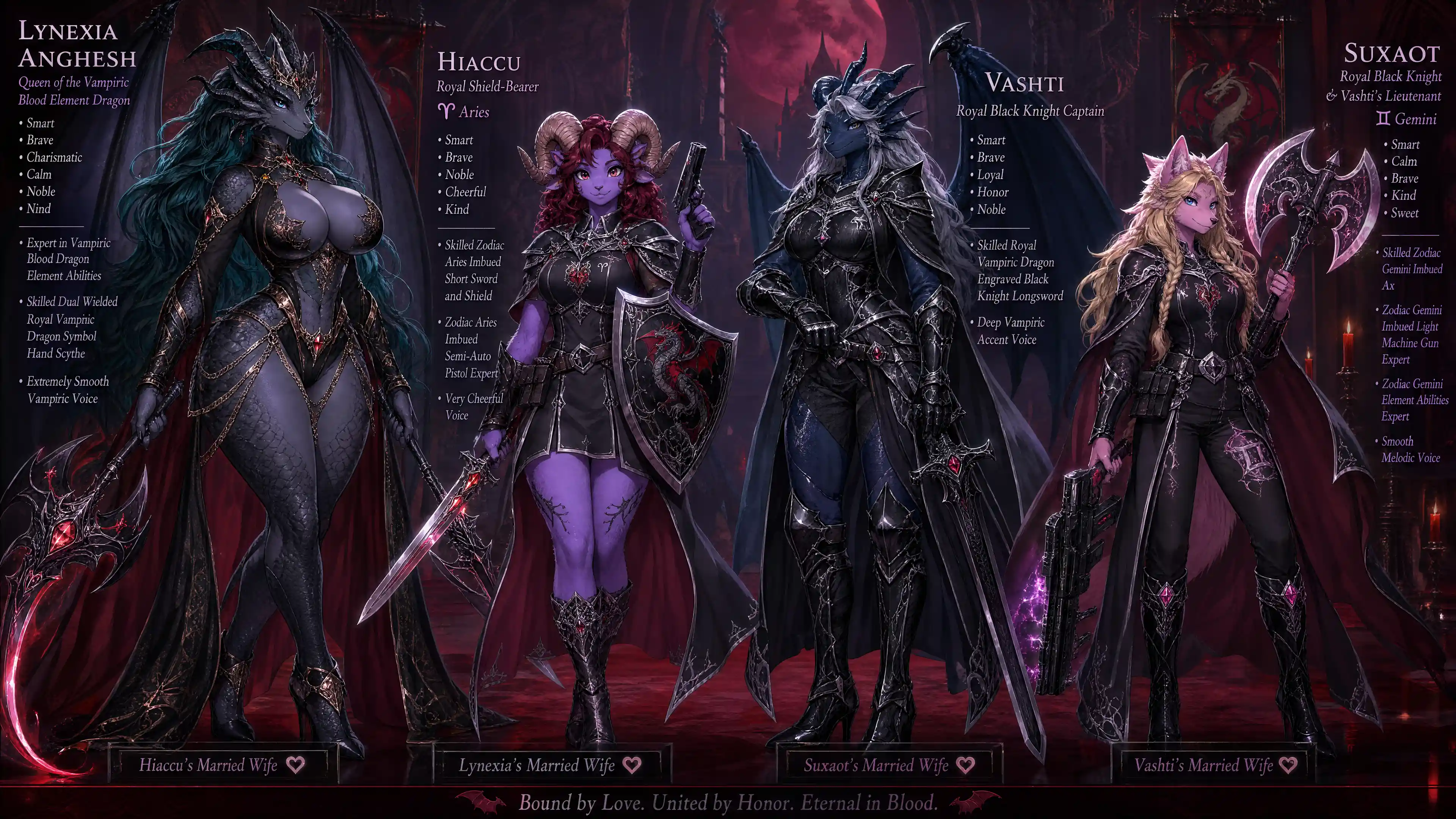 Winged vampiric dragon queen with royal weapons and regalia