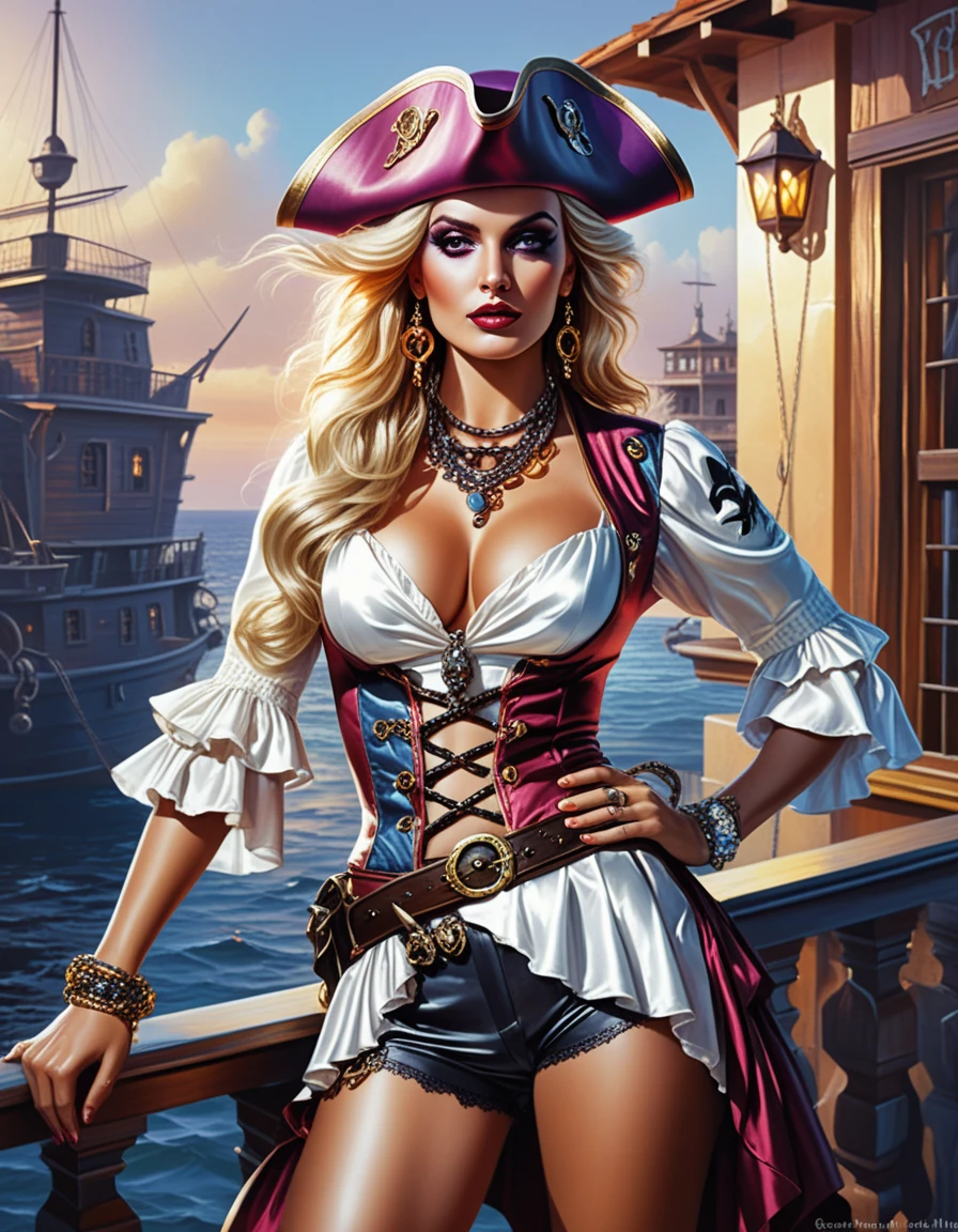 Blonde pirate woman in jeweled costume inside dark inn room