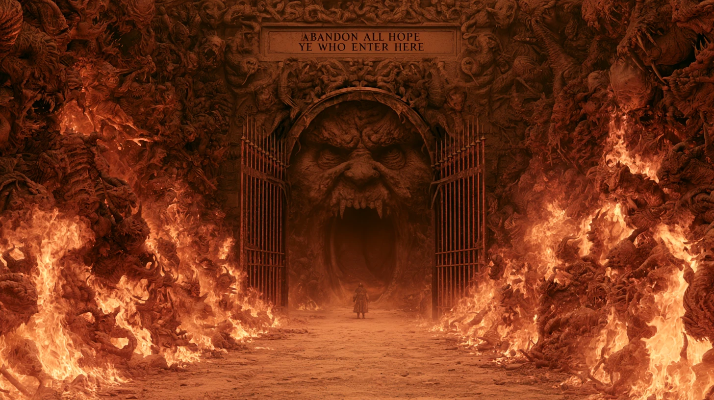 Fiery Demonic Gate Of Hell With Path Of Tormented Souls
