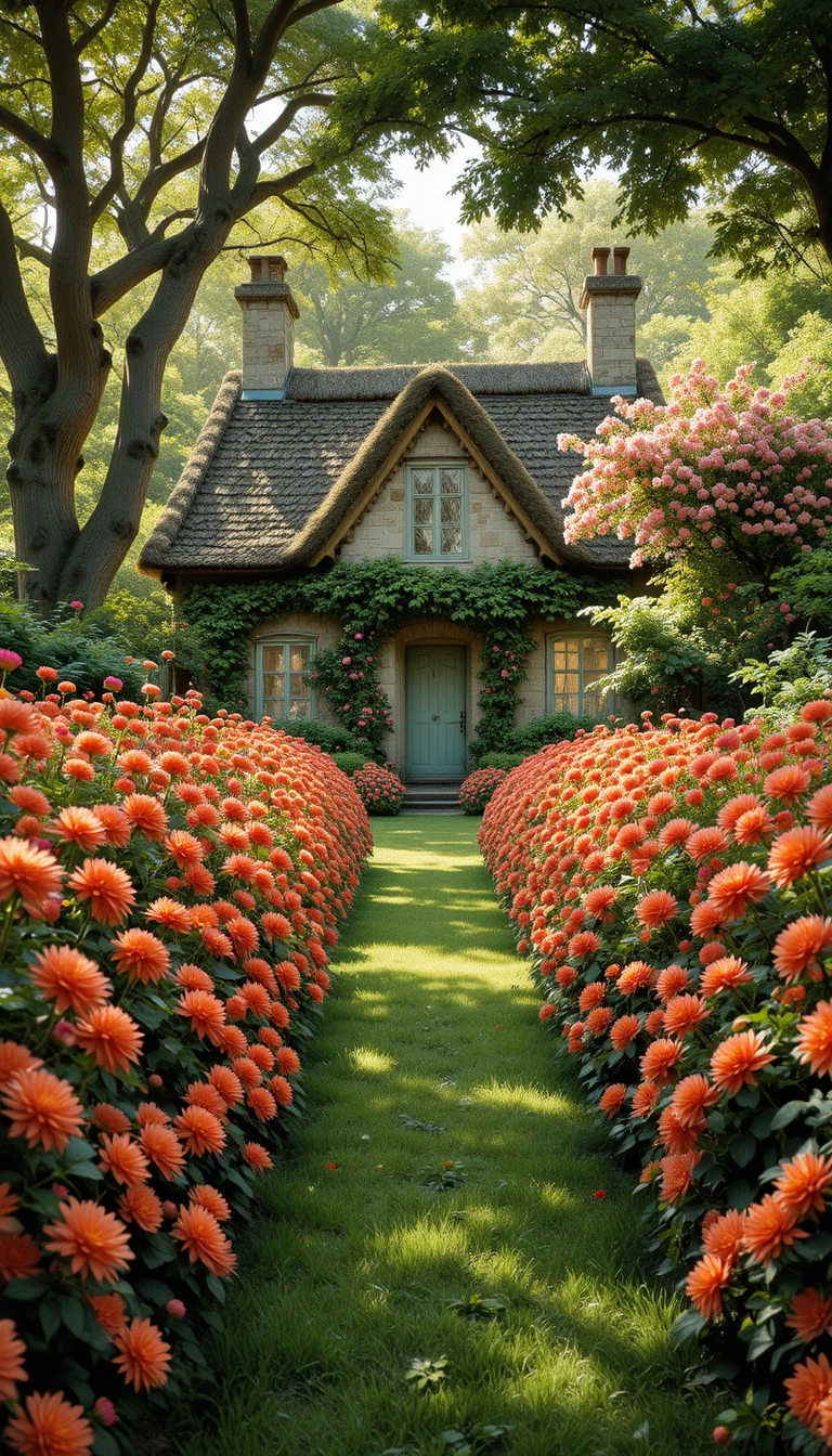 Flower lined garden path leading to a rustic stone cottage