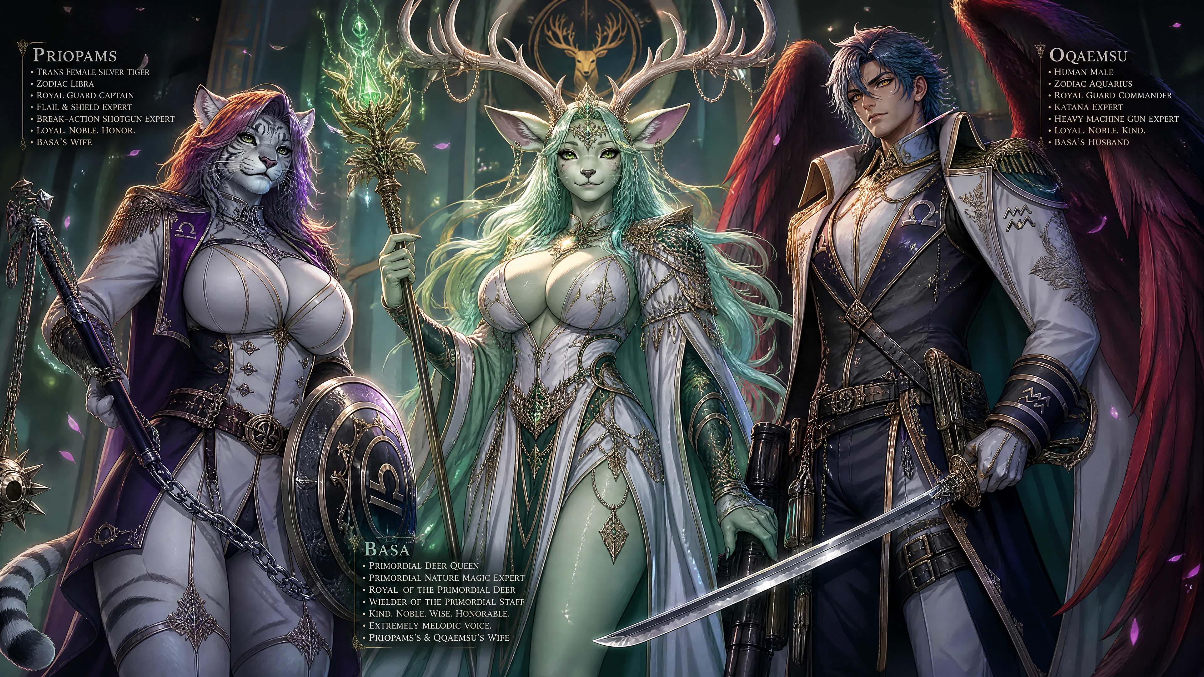 Regal primordial deer queen with flowing teal hair