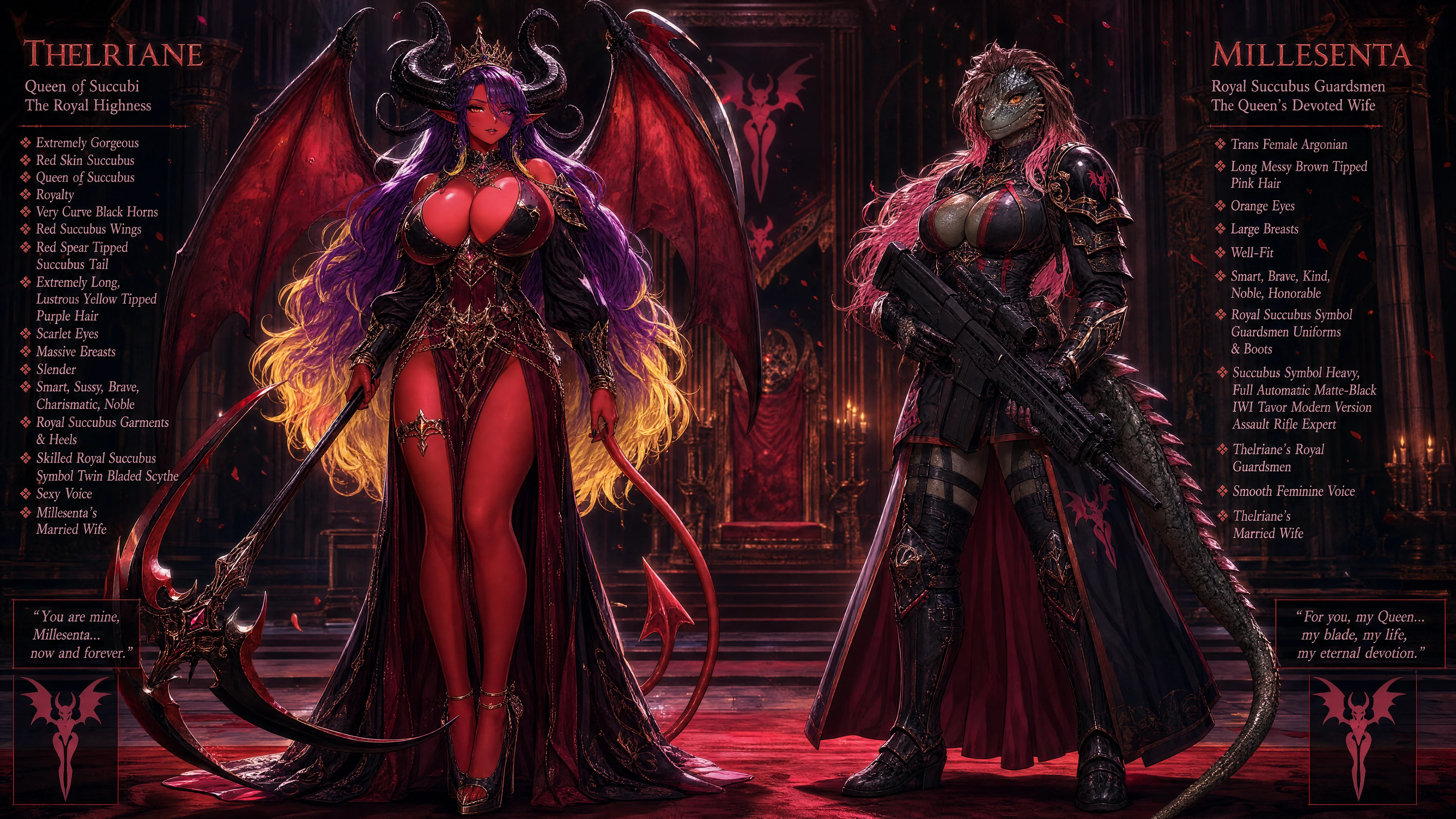 Regal red skinned succubus queen with curved horns